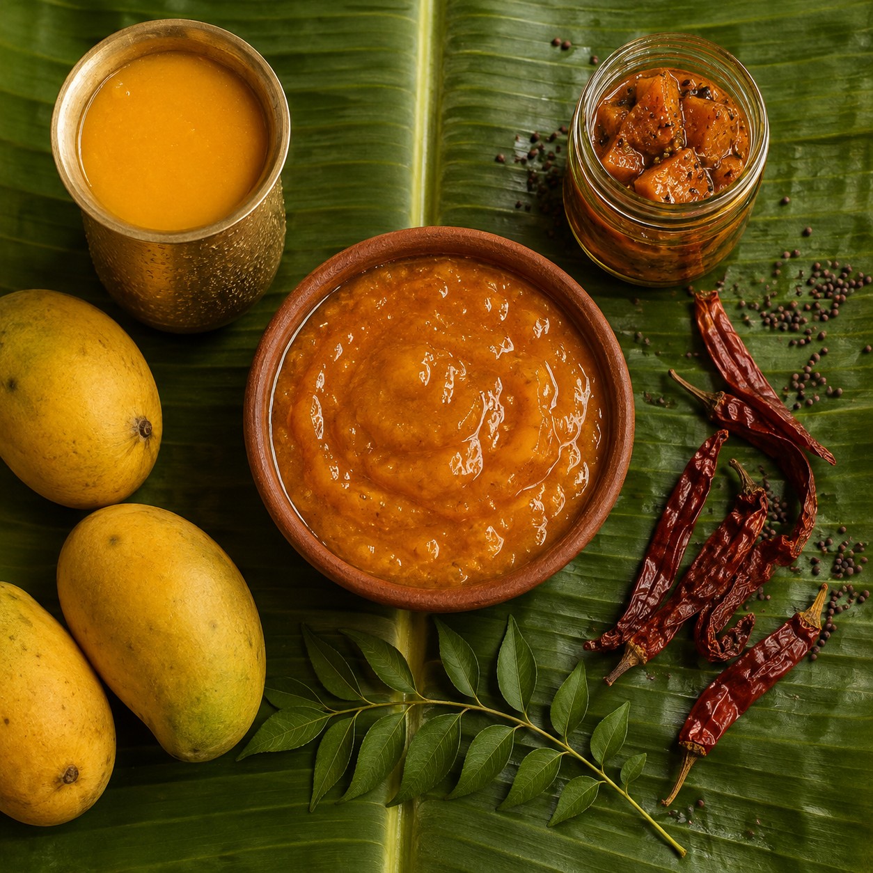 Traditional Havyaka spread with mango, gojju bowl, brass tumbler and mango pickle on a banana leaf
